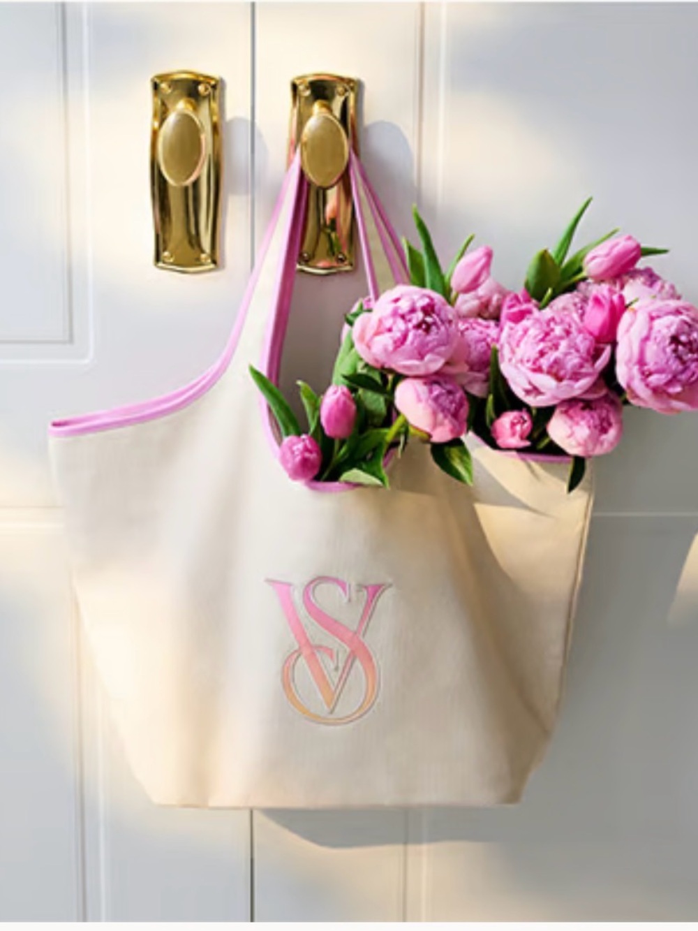 Victoria's Secret Beige Canvas Tote with Pink Trim